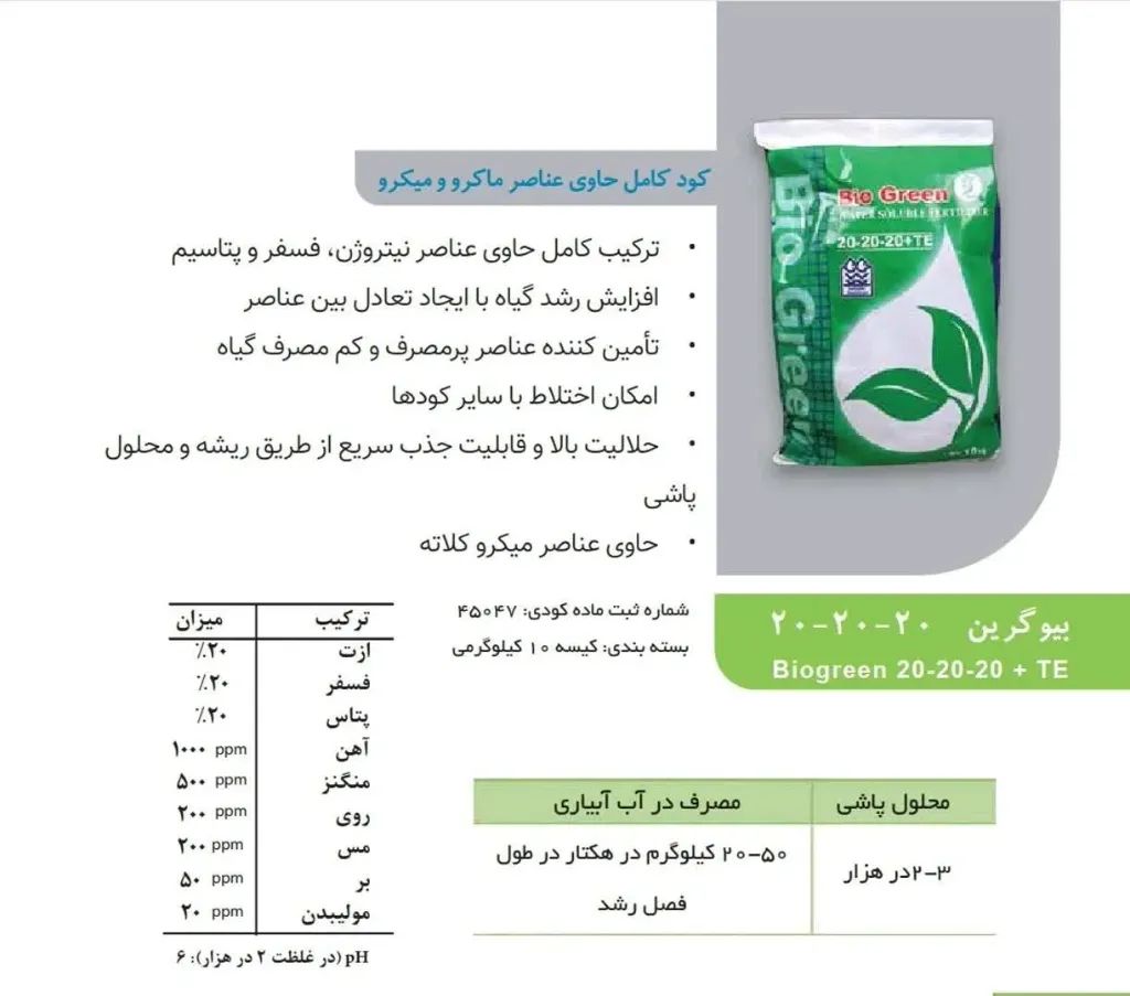 بیوگرین20-20-20 وارداتی تجارت طلایی
